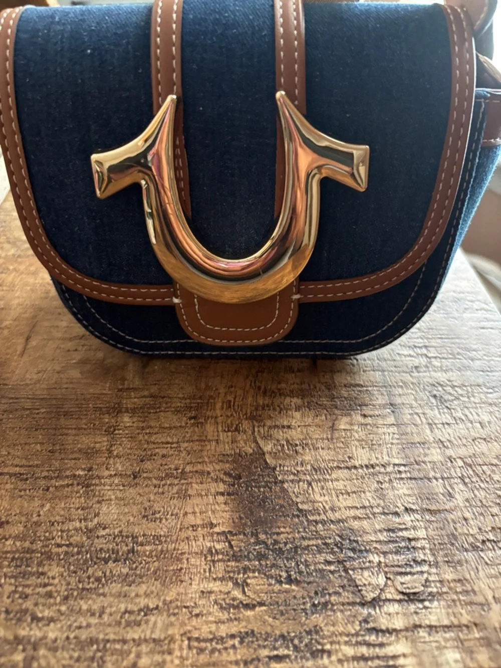 True Religion Navy Denim and Brown Leather Crossbody with Gold Hardware - Picture 1 of 1